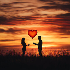 Silhouetted couple sharing a romantic moment with a heart-shaped balloon at sunset.