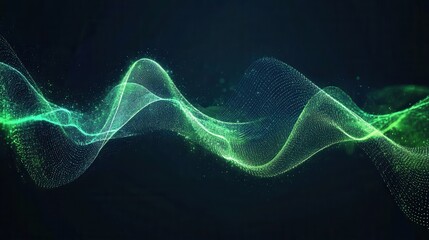 Fototapeta premium Abstract green wave of particles on dark background. Ideal for tech, music, or nature projects needing a flowing, dynamic element.