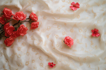 Roses, Pink, White fabric, Golden patterns, Petals, Flowers, Natural elements, Romantic atmosphere, Soft texture, Decorativeness, 