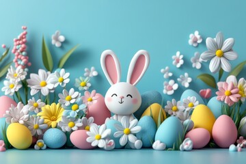 Obraz premium Adorable Easter Bunny Surrounded By Pastel Eggs And Spring Flowers.