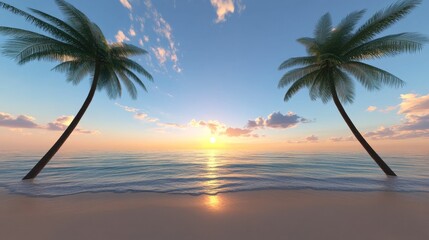 Serene Sunset on Tropical Beach Two Palm Trees Frame Golden Hour Ocean View