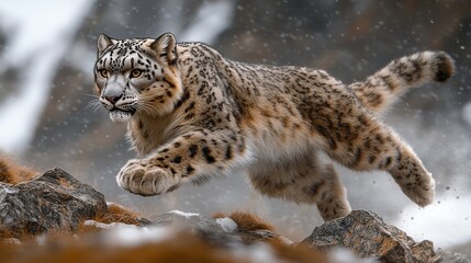 Obraz premium Snow leopard leaping in mountainous terrain during snowfall