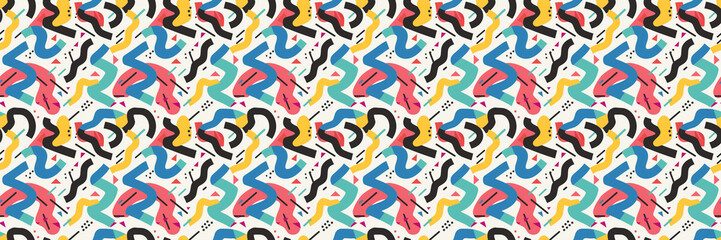 Seamless pattern with geometric shapes in the style. Multicolored vintage background with triangles, circles and squares for textile, fabric and Sudanese fabric art.