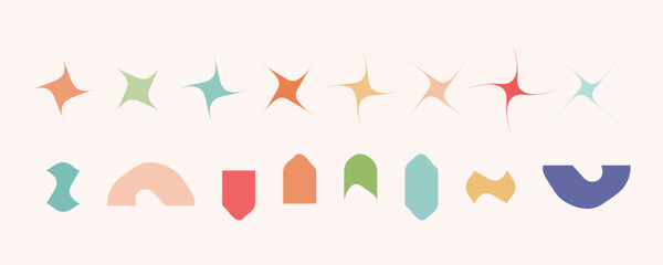Minimalist geometric elements set, abstract bauhaus forms, groovy colors. Simple distorted star shape, basic form, trendy modern graphic element vector set