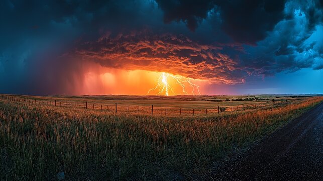 Dramatic lightning storm over open field with colorful sky and intense clouds