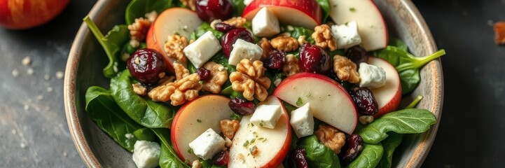 Fresh spinach salad with apples, walnuts, and feta, served in a rustic bowl during a sunny afternoon gathering