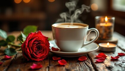 Obraz premium Steaming cup of coffee with red rose and candlelight creating romantic setting on rustic wooden table in cozy café perfect for café owners, florists, and event planning companies