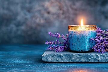 Meditation and spa themed, Tranquil Aromatherapy Scene with Lavender Flowers and Burning Candle on a Slate Surface, Perfect for Relaxation and Meditation Themes