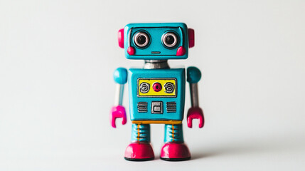 Fototapeta premium Retro-styled blue and pink robot toy, vintage tin wind-up mechanical figurine, nostalgic collectible aesthetic