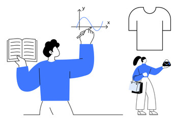 Person holding book and writing a graph, an outlined t-shirt, and a figure shopping with bags and coffee. Ideal for education, lifestyle, fashion, commerce, multitasking, modern life shopping