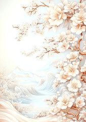 A beautiful painting of a mountain landscape with a river and a field of flowers. The flowers are white and the mountains are in the background. The painting has a serene and peaceful mood