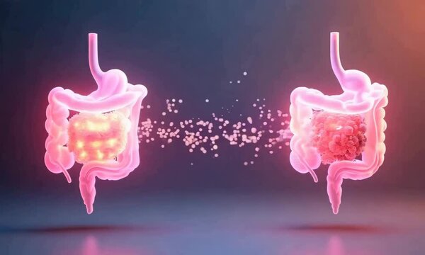  sleek 3D model of fecal microbiota transplantation (FMT) showing glowing microbiota flowing between a donor and recipient, set on a gradient background