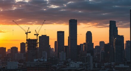 Obraz premium Sunset Silhouette of a City Under Construction