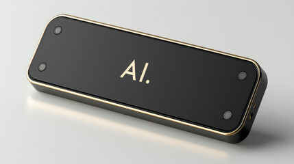 Sleek black rectangular AI device with gold trim, isolated on white background.