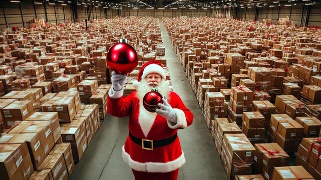 Santa navigates enormous warehouse of holiday packages with festive baubles