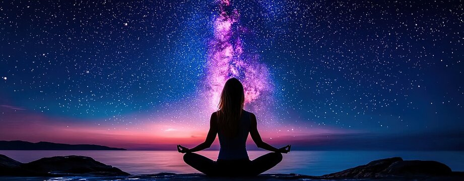Meditation and spa themed, Serene Meditation Under Starry Sky with Milky Way Galaxy in Background and Peaceful Horizon at Dusk, Ideal for Calm and Relaxation Themes