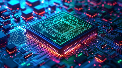Fototapeta premium Futuristic microchip with luminous circuitry and vibrant blue and purple lights on a printed circuit board creating a high-tech digital atmosphere.