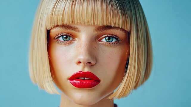 Model with bold red lips and bob haircut posing against blue backdrop