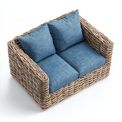 Obraz premium A cozy, woven two-seater sofa with soft blue cushions, for indoor or outdoor relaxation.