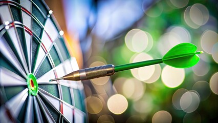 Panoramic Bullseye Archery Success: Green Dart Center Hit, Accuracy Target, Precision Shot, Winning Goal