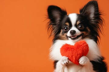 Fototapeta premium Cute papillon doggy with fluffy red heart - sign of love, funny greeting card. Commercial visual idea. Papillon - my desired dog. Romantic valentine's day pet photos. Valentine's dog love.