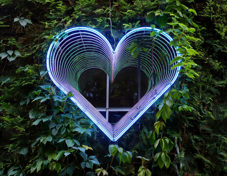 Luz neon de coraz&oacute;n en fondo verde plantas trepadoras