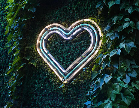 Luz neon de coraz&oacute;n en fondo verde plantas trepadoras