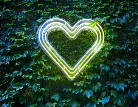 Luz neon de coraz&oacute;n en fondo verde plantas trepadoras