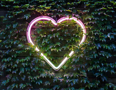 Luz neon de coraz&oacute;n rosa en fondo verde plantas trepadoras