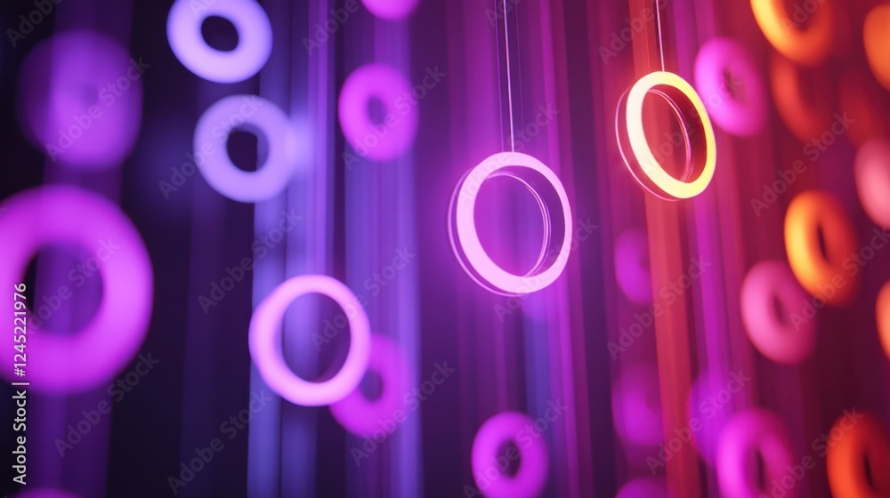 Poster a dynamic composition of radiant neon circles arranged in a mesmerizing abstract pattern.