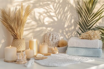 Conjunto de itens de spa com toalhas, velas e elementos decorativos em tons neutros, capturados com luz natural suave, criado com IA generativa.