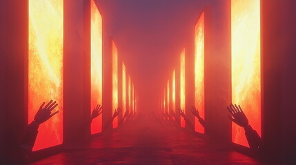 Futuristic corridor illuminated by glowing orange panels with hands reaching out from the shadows, creating an immersive and eerie atmosphere with foggy surroundings.