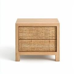 Front view of a stylish wooden nightstand with woven drawers, for organizing bedroom essentials while adding a touch of natural elegance.