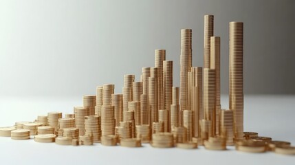 A bar chart made of golden coins rising on a clean white background, representing economic and financial growth.