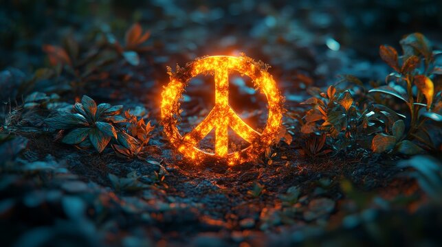 Burning peace symbol in forest setting