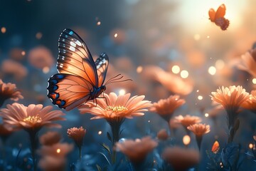Butterfly on flower in magical garden at sunset with bokeh