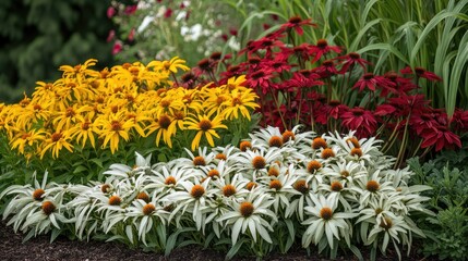 A bed of perennial flowers in full bloom with a blurred background, leaving ample space for creative content or text.