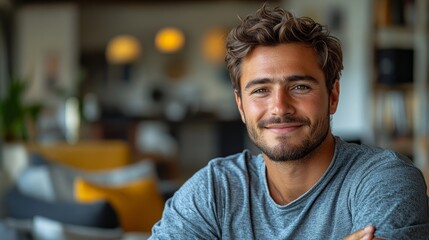 Fototapeta premium Young caucasian male with facial hair smiling indoors