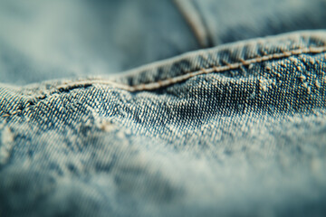 A close-up of a pair of faded blue denim jeans, showcasing the intricate stitching and worn-out patches, with copy space. 