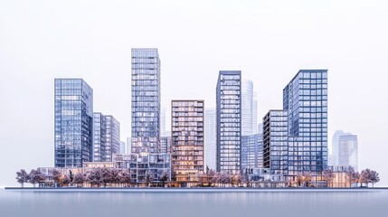 Fototapeta premium Modern urban skyline with contemporary glass skyscrapers and waterfront view