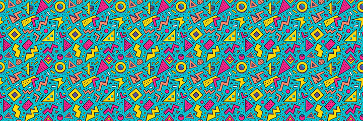Seamless pattern with geometric shapes in the style. Multicolored vintage background with triangles, circles and squares for textile, fabric and Sudanese fabric art.