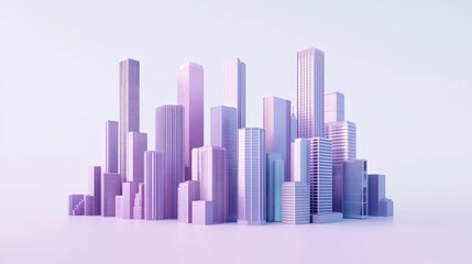 Futuristic purple cityscape with towering skyscrapers in soft lighting