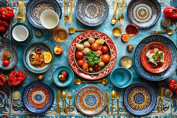 Top-Down View of a Traditional Iftar Feast with Delicious Dishes.