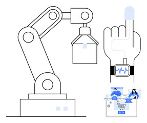 Robotic arm, smart wearable watch, and online shopping interface depict technological advancements. Ideal for industry automation, health tech, e-commerce, digital transformation, innovation
