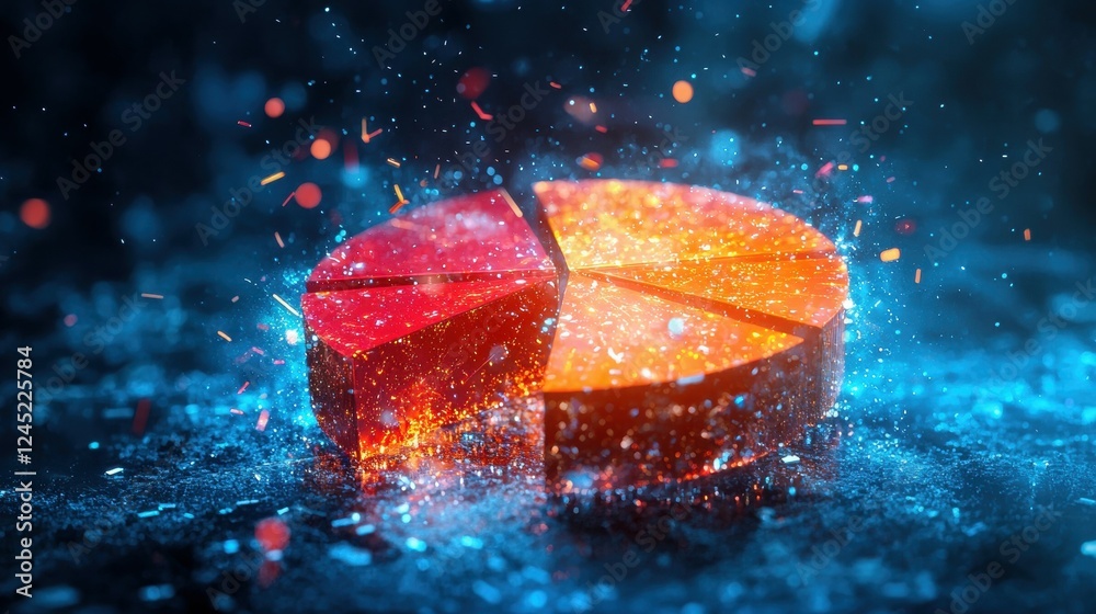 Poster exploding 3d pie chart with colorful sections and bright particles