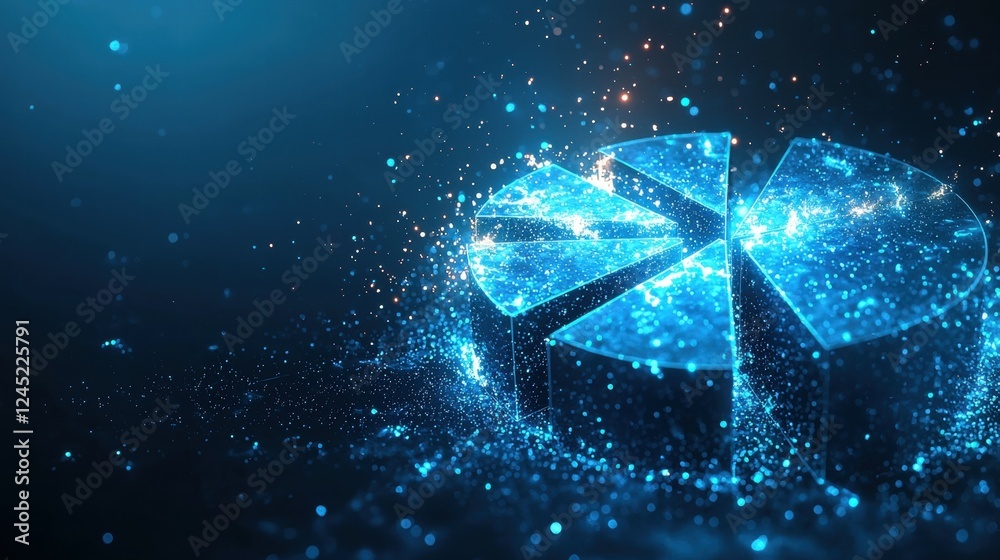 Poster exploding 3d pie chart with sparkling sections in digital blue light