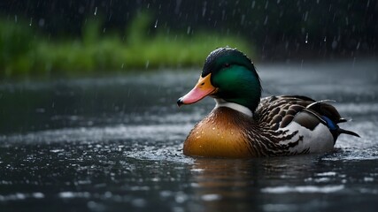 Obraz premium Grace in the Rain: A Laysan Duck's Soothing Journey Through Stormy Weather