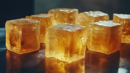 A close-up shot of several gold bars arranged perfectly on a glossy surface, glowing softly.
