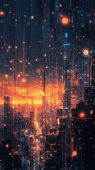 Fototapeta premium Futuristic Cityscape with Exponential Growth Visualization at Sunset