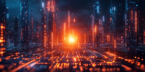 Fototapeta premium Vibrant Vertical Composition Highlighting Futuristic Urban Landscape